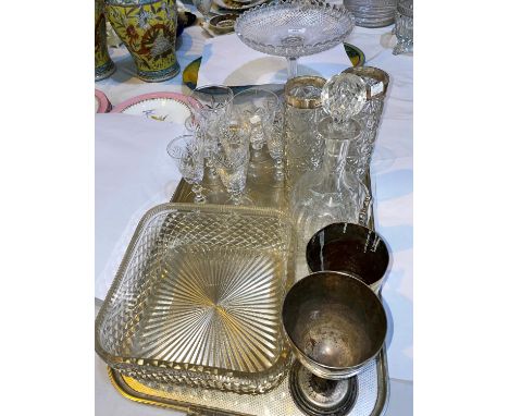 A pair of cylindrical cut glass vases with hallmarked silver rims; a cut decanter and glassware; a silver plated tankard and 