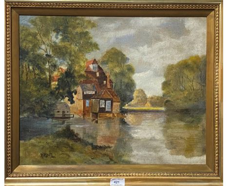 R Plant:  Impressionistic landscape with house and river, oil on canvas, signed, 39 x 49 cm, framed 
