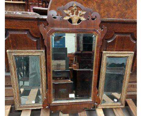 A Chippendale style wall mirror in mahogany and parcel gilt fretwork frame; 3 gilt framed rectangular mirrors 