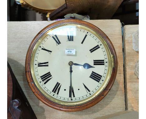 A 19th century wall clock in mahogany circular case, with white enamel dial and single train fusee movement, diameter 37 cm