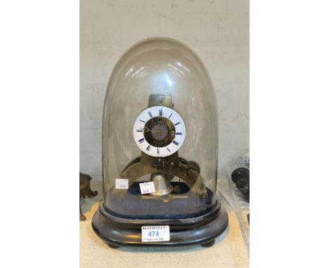 A 19th century skeleton style mantel clock with white enamel chapter ring, brass plated movement with alarm dial striking on 