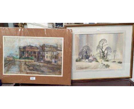 Gordon Radford:  Street scene, pastel, 1970, unframed; Gordon Allen:  Country scene, watercolour, 53 x 44 cm, original frame 