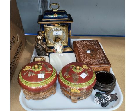 A reproduction blue lacquer 'bracket' clock by Elliott; a pair of cloisonné dishes; decorative items 