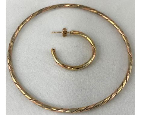 A 9 carat hallmarked gold 3 colour bangle and similar earring, 11.6 gm 