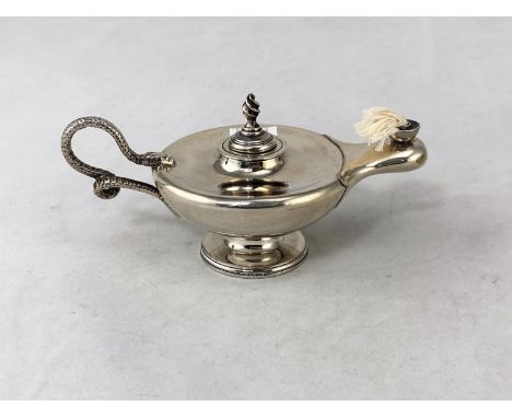 A silver neo classical style table cigar lighter, entwined snake handle, Birmingham 1895, 3.25oz.&nbsp; Good condition