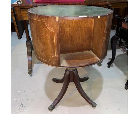 A reproduction mahogany revolving bookcase; a wine table; a 2 tier plant stand; 2 speaker stands 