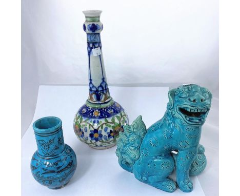 A Chinese turquoise ceramic figure of a Dog Of Fo and 2 Oriental vases, 20cm, 31cm and 14cm Dog has chip to tail otherwise go
