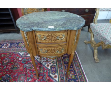 A French Louis XV style simulated marquetry walnut, gilt metal and marble topped petit commode 