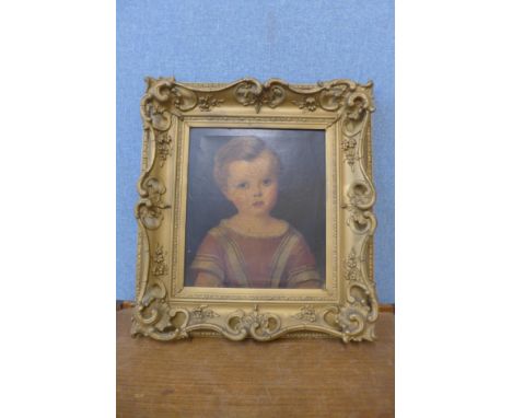 English School, naive half portrait of a child, oil on canvas, 33 x 29cms, framed 