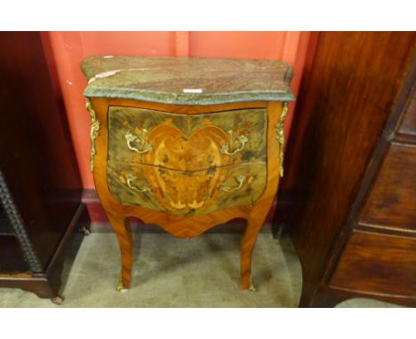 A French Louis XV style simulated marquetry walnut, gilt metal and marble topped petit commode 