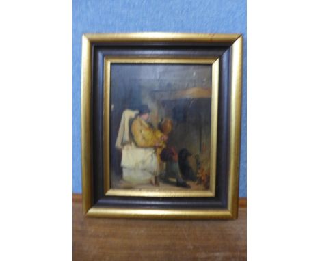 English School (late 19th/early 20th Century), portrait seated by a fire with his dog, oil on canvas, 24 x 19cms, framed 