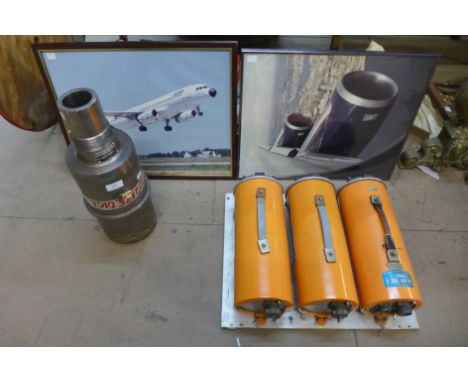 A Rolls-Royce Typhoon Jet Engine test rig, engine part and two aviation prints 
