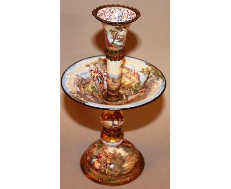 A VERY GOOD 19TH CENTURY VIENNA ENAMEL COMPORT decorated with classical figures in a classic and rural setting 9ins high.