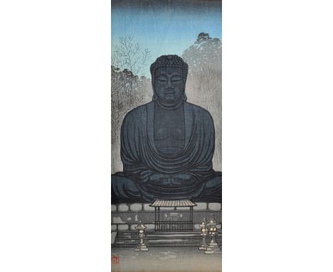 20th Century Chinese School A Statue of a Buddha, Woodblock, Signed with Motif, Unframed, 14.25” x 6.25”