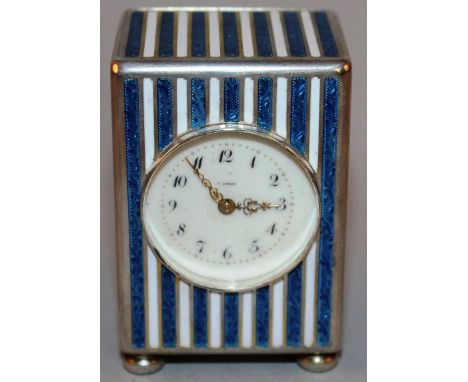 A LOVELY SMALL CONTINENTAL SILVER AND BLUE ENAMEL STRIPED CLOCK, J F CAIRD 0.935, in a leather case 2.5ins high.