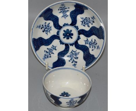 A WORCESTER STYLE TEA BOWL AND SAUCER decorated with blue scale panels alternating with flowers, crescent mark, paper label f