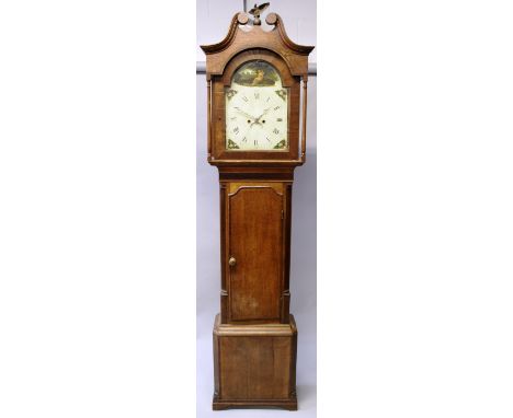 AN 18TH CENTURY OAK AND MAHOGANY LONGCASE CLOCK, eight day movement with painted arch dial with date aperture, the trunk with