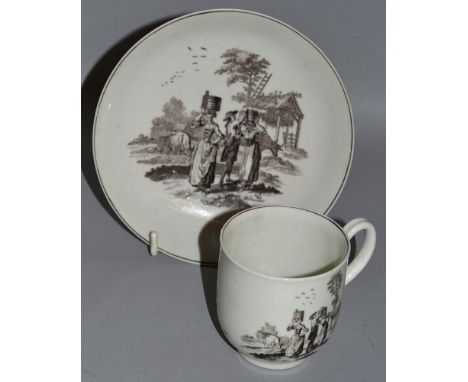 A WORCESTER COFFEE CUP AND SAUCER decorated with milkmaids, a gentleman and cattle, saucer signed with an anchor and script W