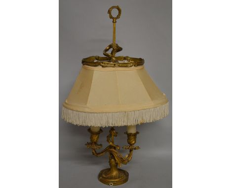  A 19th CENTURY FRENCH ORMOLU TWO BRANCH LAMP with acanthus mounts and oval shade 22ins high.