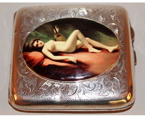 AN ENGRAVED SILVER CIGARETTE CASE Birmingham 1918, the front with a female nude.