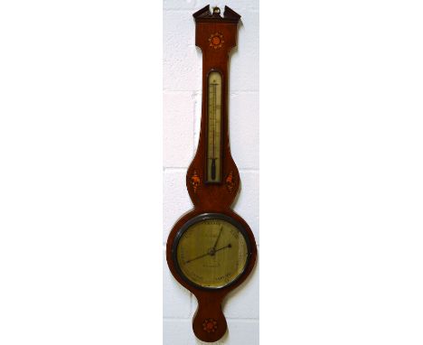 AN EDWARDIAN MAHOGANY INLAID BANJO BAROMETER by T SELVAL with 8-inch dial and thermometer 3ft 3ins long.