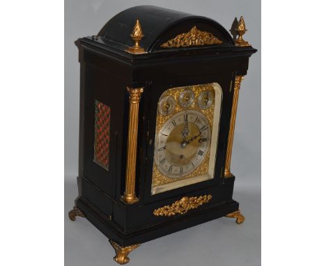 A GOOD VICTORIAN EBONY CASED BRACKET CLOCK with silent and chime, on eight bells with Westminster chimes, silvered dial and b