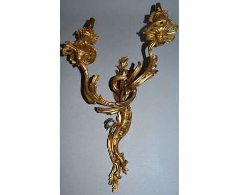 A PAIR OF LOUIS XVI DESIGN ORMOLU TWO LIGHT WALL SCONCES 23ins long.