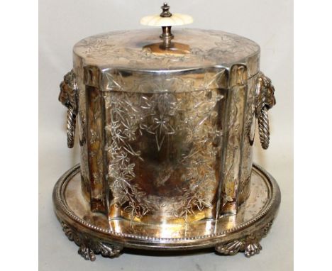 A VICTORIAN ENGRAVED OVAL BISCUIT CADDY.