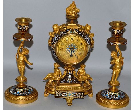 A SUPERB 19TH CENTURY FRENCH ORMOLU AND CHAMPLEVE ENAMEL THREE PIECE CLOCK GARNITURE by F SCHLESICKY PARIS & FRANKFURT, the m