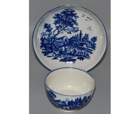 A WORCESTER TEA BOWL AND SAUCER decorated with a figural landscape, crescent mark (11).