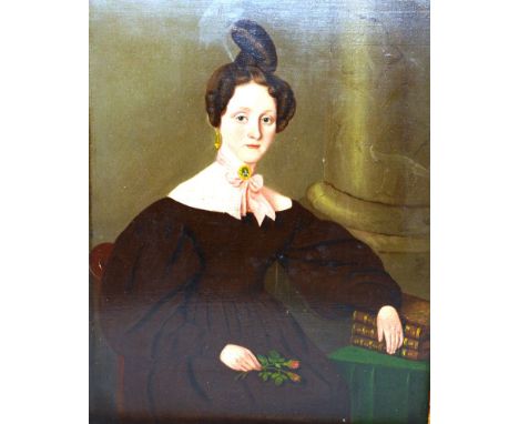 A VICTORIAN PORTRAIT OF A LADY, hand on her book and holding a flower Panel 8ins x 6ins,