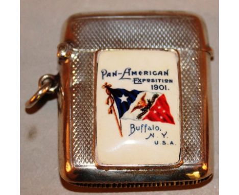AN ENGINE TURNED VESTA CASE Birmingham 1907 with a plaque Pan American 1901