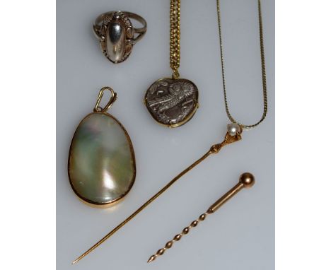 BIJOUTERIE, two assorted chains, two stick pins, an 18ct gold chain with oval pendant, George Jensen ring and gold & mother o