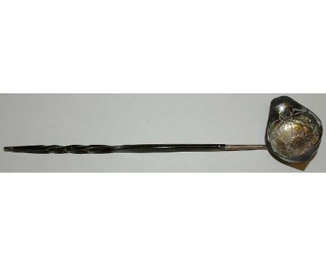 A GEORGIAN TODDY LADLE with twist handle, the bowl inset with a silver coin, 1757