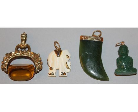 A SMALL JADE BUDDHA, GOLD MOUNTED JADE CLAW, ivory elephant pendant and swivel fob (4).