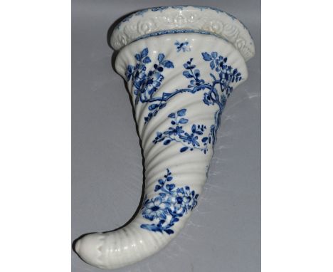 AN 18TH CENTURY FINE WORCESTER CORNUCOPIA SHAPED WALL POCKET decorated with flowering prunus, two workman’s marks to reverse 