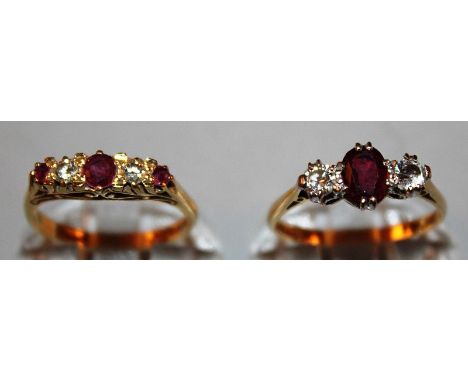 TWO SMALL RUBY AND DIAMOND RINGS set in 18ct yellow gold.