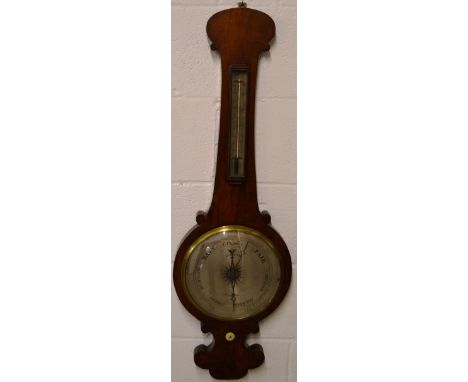 A LATE REGENCY BANJO BAROMETER by LANCASTER, BIRMINGHAM, 11-inch dial with thermometer 3ft 3ins long.