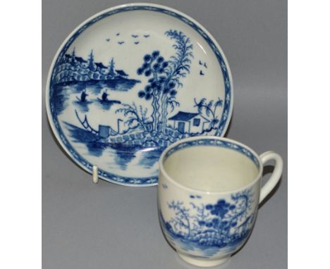 A WORCESTER COFFEE CUP AND SAUCER decorated with two islands, boats and birds under a cross hatched border, crescent mark (4)