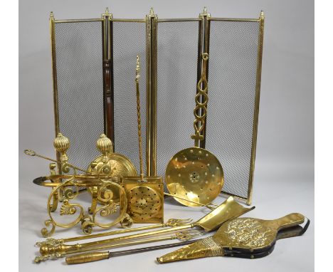 A Collection of Various Brass to Comprise Ornament Scrolled Fire Dogs, Bellows, Fire Irons, Firescreen etc 