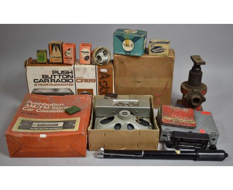 A Collection of Vintage Automobile Items to Include Astor Push Button Car Radio, Car Speakers, Bottle Jack, Car Cassette Play