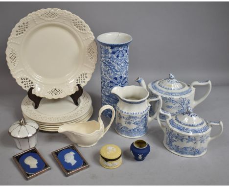 A Collection of Leedsware Classical Plates and Jug Together with Wedgwood Jasperware Small Pot, Jasperware Portrait Plaques o