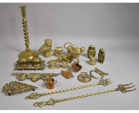 A Collection of Various Brass to Comprise Desktop Inkwell Stand with Scrolled Design (AF), Single Spiralled Brass Candlestick