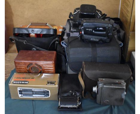 A Collection of Various Vintage and Other Cameras, Binoculars, Radio, Telescopic Lens etc 