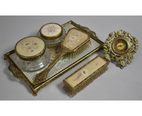 A Mid 20th Century Filigree Dressing Table Set, Brass Framed Easel Backed Alarm Clock (AF) 