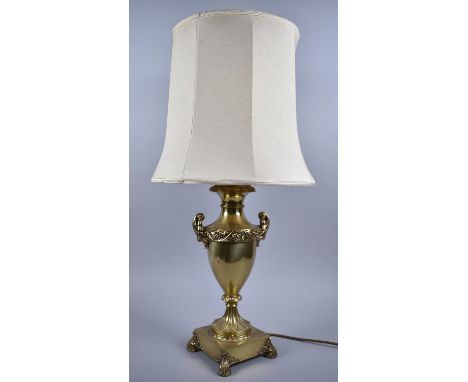 A Nice Quality Heavy Brass Table Lamp in the Form of Two Handled Vase, Complete with Shade, 74cm high Overall 