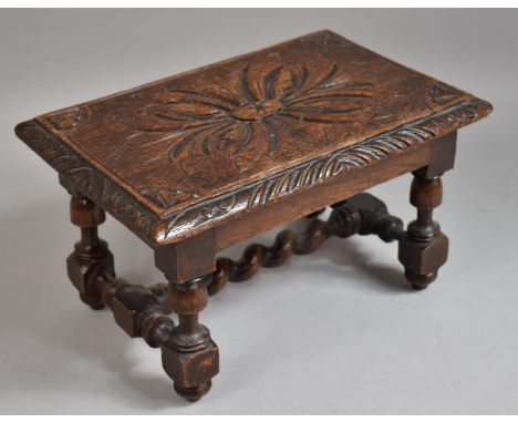A Nice Quality Carved Oak Rectangular Stool with Barley Twist Central Stretcher, 31x21cm 
