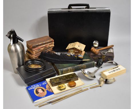 A Collection of Various Early 19th Century and Later Books (AF), Wooden Gavel, Antler Briefcase, Soda Syphon, Quill Pens, Sil