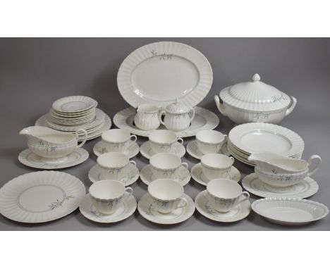 A Royal Worcester Green Bamboo Part Service to Comprise Large Plates, Lidded Tureen, Graduated Oval Platters, Sauce Boat and 