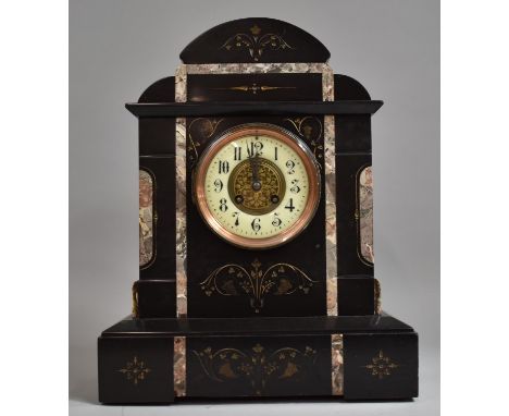 A Late 19th Century French Black Slate and Marble Mantle Clock of Architectural Form, Plinth Base Requires Feet, 40cm high 